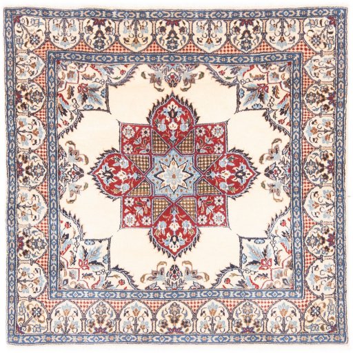 Full view of 2002s Nain Silk rug from Iran / Persia, 100 × 100 cm in Cream tones