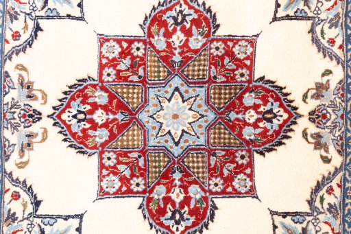 Full view of 2002s Nain Silk rug from Iran / Persia, 100 × 100 cm in Cream tones