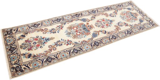 Corner detail of 2000s Nain Silk rug showing border pattern and Wool pile