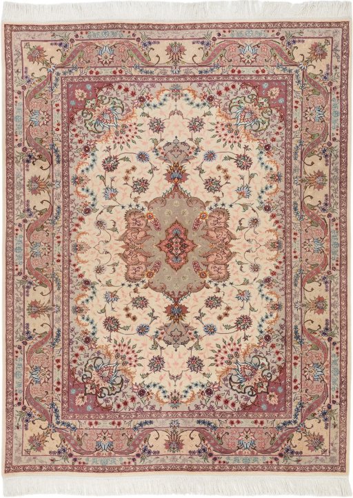 Full view of New Tabriz Silk rug from Iran / Persia, 190 × 146 cm in Cream tones