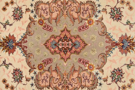 Close-up detail of New Tabriz Silk rug from Iran / Persia showing Wool weave