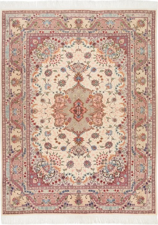 Full view of New Tabriz Silk rug from Iran / Persia, 193 × 147 cm in Cream tones