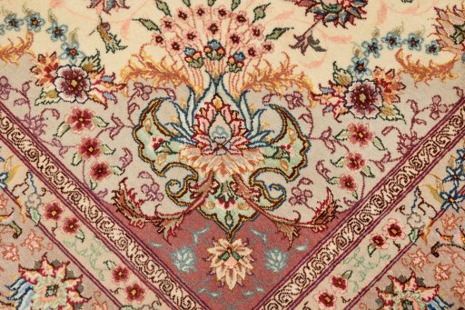 Full view of New Tabriz Silk rug from Iran / Persia, 193 × 147 cm in Cream tones