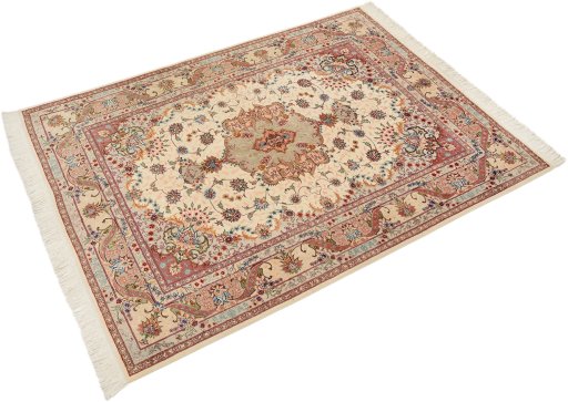 Corner detail of New Tabriz Silk rug showing border pattern and Wool pile
