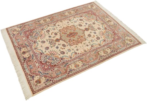 Close-up detail of New Tabriz Silk rug from Iran / Persia showing Wool weave