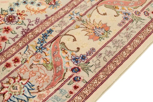 Close-up detail of New Tabriz Silk rug from Iran / Persia showing Wool weave