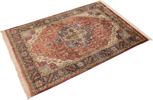 Corner detail of 1960s Tabriz Silk rug showing border pattern and Silk pile