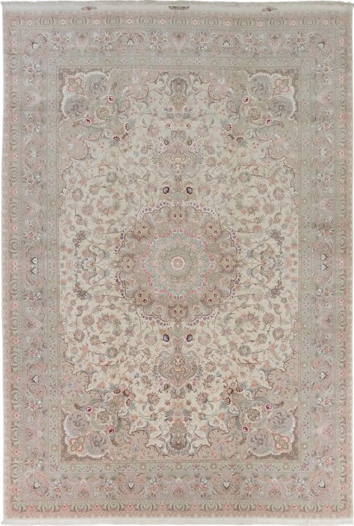Full view of New Tabriz Silk rug from Iran / Persia, 511 × 351 cm in Cream tones