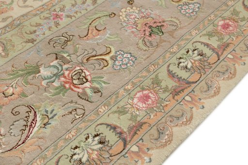Full view of New Tabriz Silk rug from Iran / Persia, 511 × 351 cm in Cream tones
