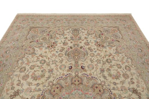 Backside of handmade New Tabriz Silk rug showing knot structure and weave density