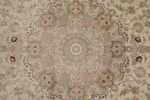 Close-up detail of New Tabriz Silk rug from Iran / Persia showing Wool weave