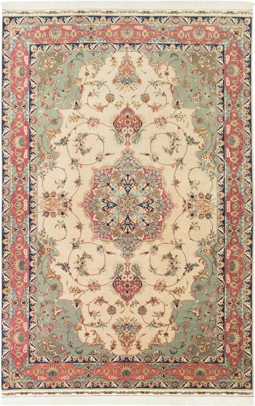Full view of 1990s Tabriz Silk rug from Iran / Persia, 310 × 201 cm in Cream tones