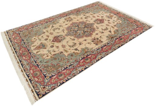 Corner detail of 1990s Tabriz Silk rug showing border pattern and Wool pile