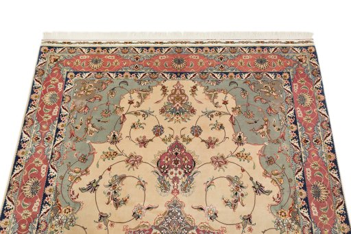 Surface texture of 1990s Tabriz Silk rug with natural Wool and intricate pattern