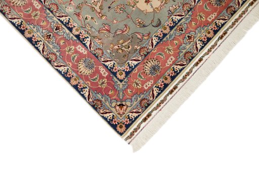 Backside of handmade 1990s Tabriz Silk rug showing knot structure and weave density