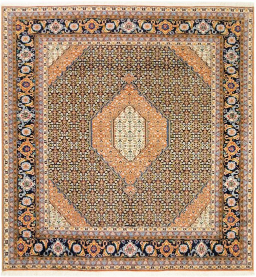 Full view of 1990s Tabriz Silk rug from Iran / Persia, 208 × 198 cm in Dark blue tones