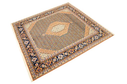 Close-up detail of 1990s Tabriz Silk rug from Iran / Persia showing Wool weave