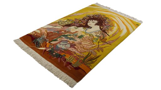 Corner detail of 1990s Tabriz Silk rug showing border pattern and Wool pile