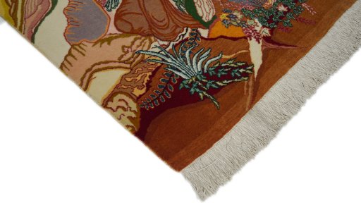 Backside of handmade 1990s Tabriz Silk rug showing knot structure and weave density
