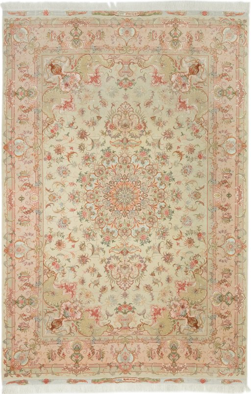 Full view of 1990s Tabriz Silk rug from Iran / Persia, 303 × 198 cm in Cream tones