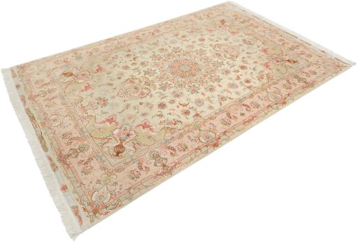Corner detail of 1990s Tabriz Silk rug showing border pattern and Wool pile