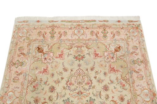 Surface texture of 1990s Tabriz Silk rug with natural Wool and intricate pattern