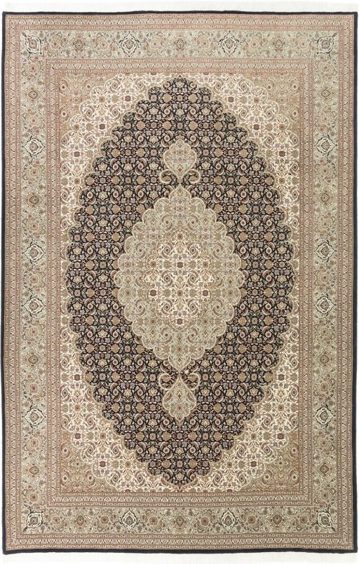 Full view of New Tabriz Silk rug from Iran / Persia, 305 × 205 cm in Black tones