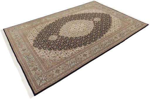 Corner detail of New Tabriz Silk rug showing border pattern and Wool pile