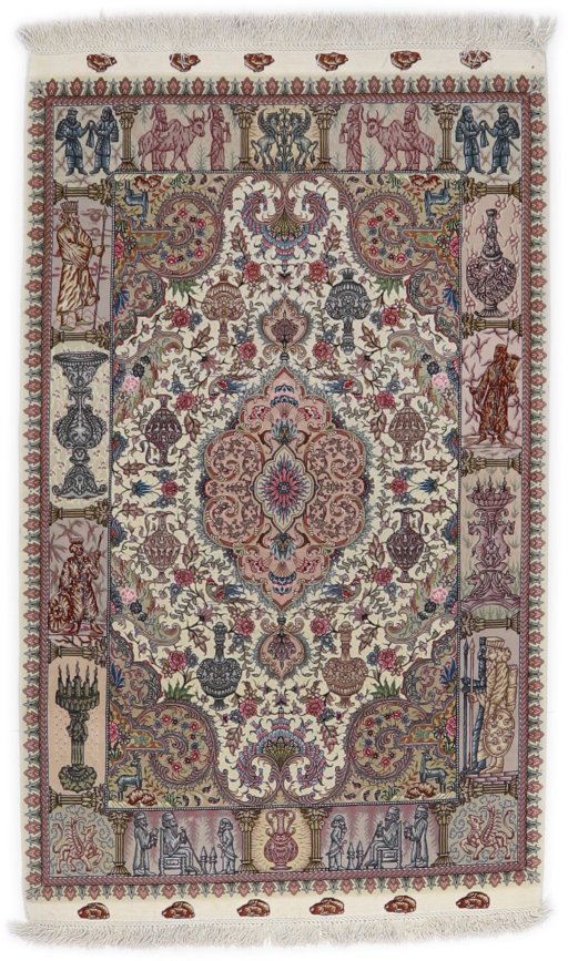 Full view of New Tabriz Silk rug from Iran / Persia, 156 × 100 cm in Cream tones