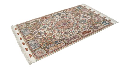 Corner detail of New Tabriz Silk rug showing border pattern and Wool pile