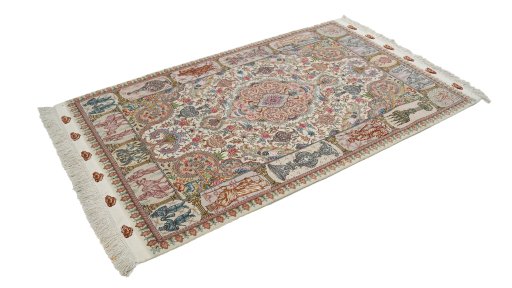 Close-up detail of New Tabriz Silk rug from Iran / Persia showing Wool weave