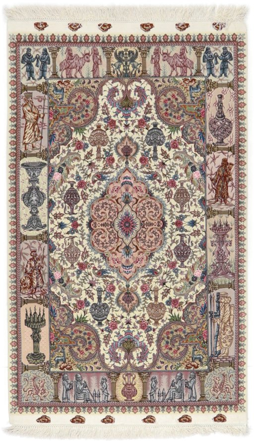 Full view of New Tabriz Silk rug from Iran / Persia, 156 × 98 cm in Cream tones