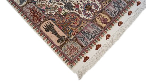 Backside of handmade New Tabriz Silk rug showing knot structure and weave density