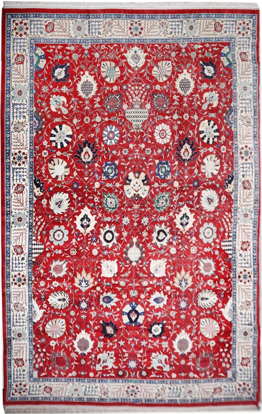 Full view of New Tabriz Silk rug from Iran / Persia, 635 × 394 cm in Red tones