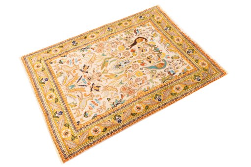 Close-up detail of 2000s Tabriz Silk rug from Iran / Persia showing Wool weave