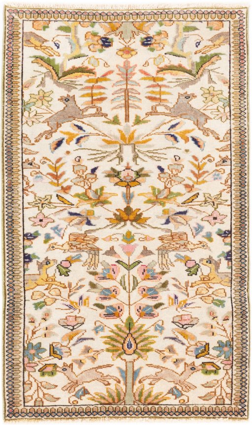 Full view of 2005s Tabriz Silk rug from Iran / Persia, 133 × 80 cm in Beige tones