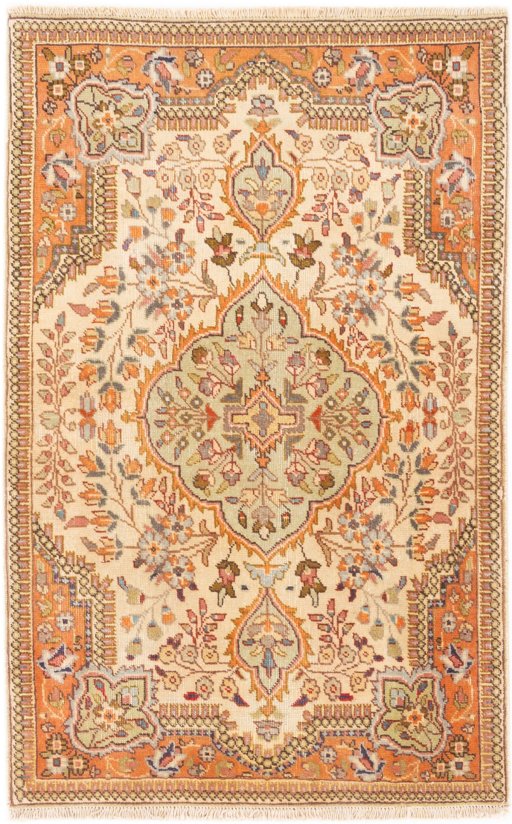 Full view of 1998s Tabriz Silk rug from Iran / Persia, 120 × 77 cm in Beige tones