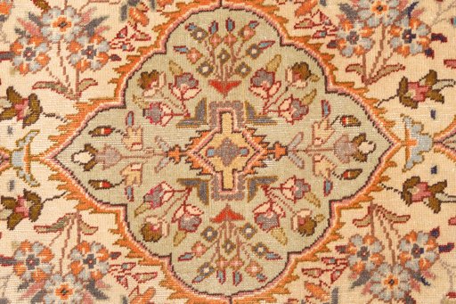 Full view of 1998s Tabriz Silk rug from Iran / Persia, 120 × 77 cm in Beige tones