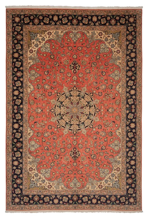 Full view of New Tabriz Silk rug from Iran / Persia, 302 × 203 cm in Terracotta tones