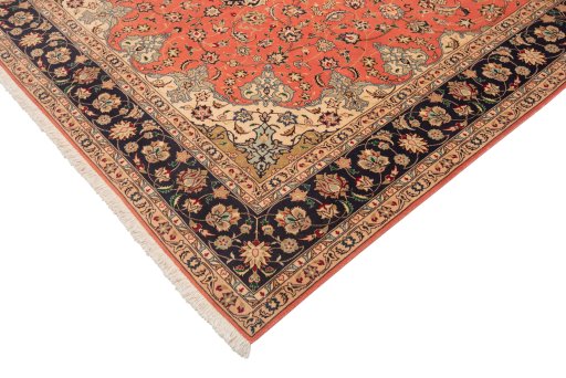Corner detail of New Tabriz Silk rug showing border pattern and Wool pile