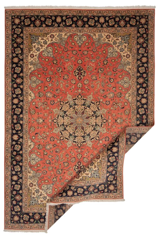 Close-up detail of New Tabriz Silk rug from Iran / Persia showing Wool weave