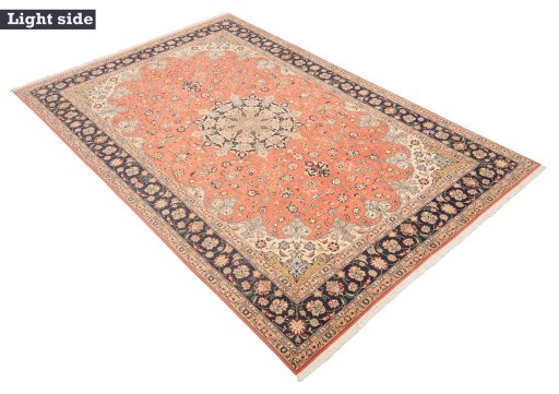 Full view of New Tabriz Silk rug from Iran / Persia, 302 × 203 cm in Terracotta tones