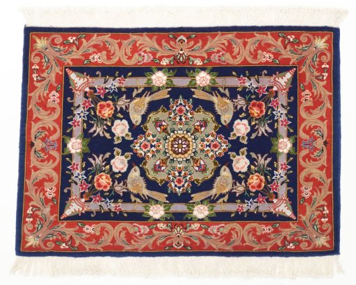 Full view of New Tabriz Silk rug from Iran / Persia, 91 × 64 cm in Blue tones