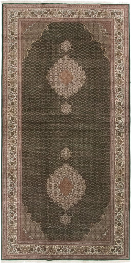Full view of 2019s Tabriz Silk rug from Iran / Persia, 400 × 197 cm in Green tones