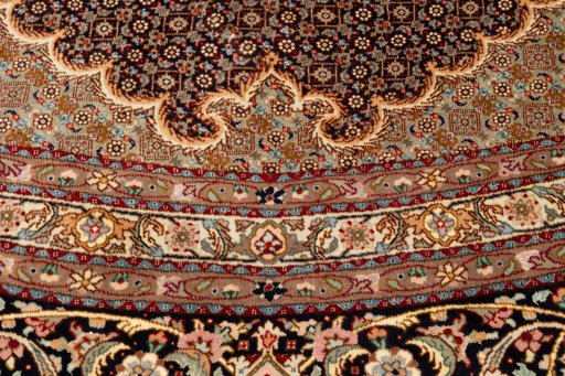 Full view of 2020s Tabriz Silk rug from Iran / Persia, 400 × 400 cm in Dark blue tones