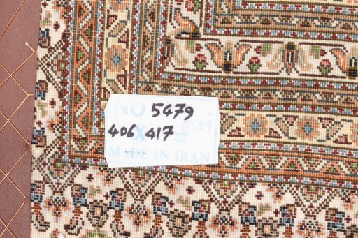 Full view of 2018s Tabriz Silk rug from Iran / Persia, 406 × 417 cm in Beige tones