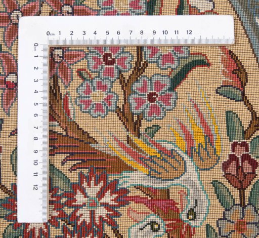 Corner detail of New Tabriz Silk rug showing border pattern and Wool pile
