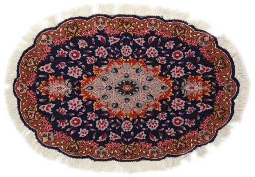 Full view of New Tabriz Silk rug from Iran / Persia, 85 × 55 cm in Dark blue tones