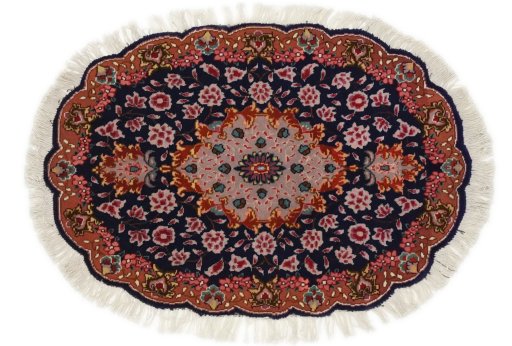 Full view of New Tabriz Silk rug from Iran / Persia, 81 × 55 cm in Dark blue tones