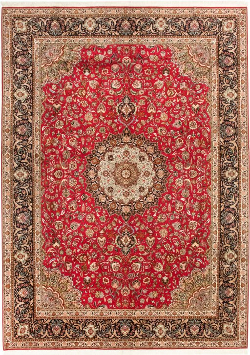 Full view of New Tabriz Silk rug from Iran / Persia, 405 × 292 cm in Red tones
